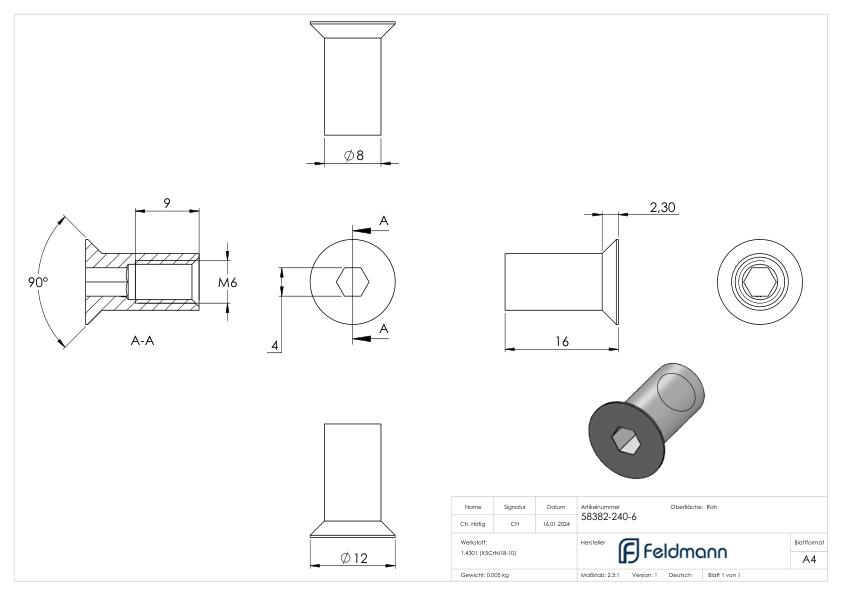 Hülsenmutter mit Senkkopf und ISK, M6x16, V2A