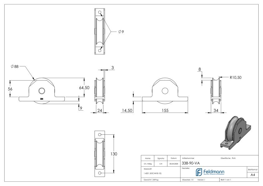 Schiebetorrolle, Rundrille, Ø 88mm, V2A