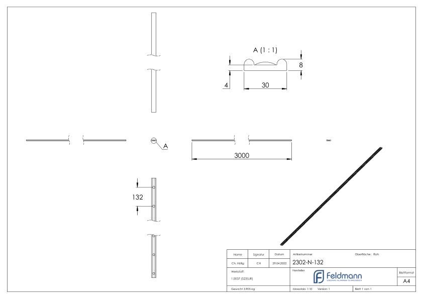 Hespeneisen S235JR, 30x8x4mm, L: 3000mm