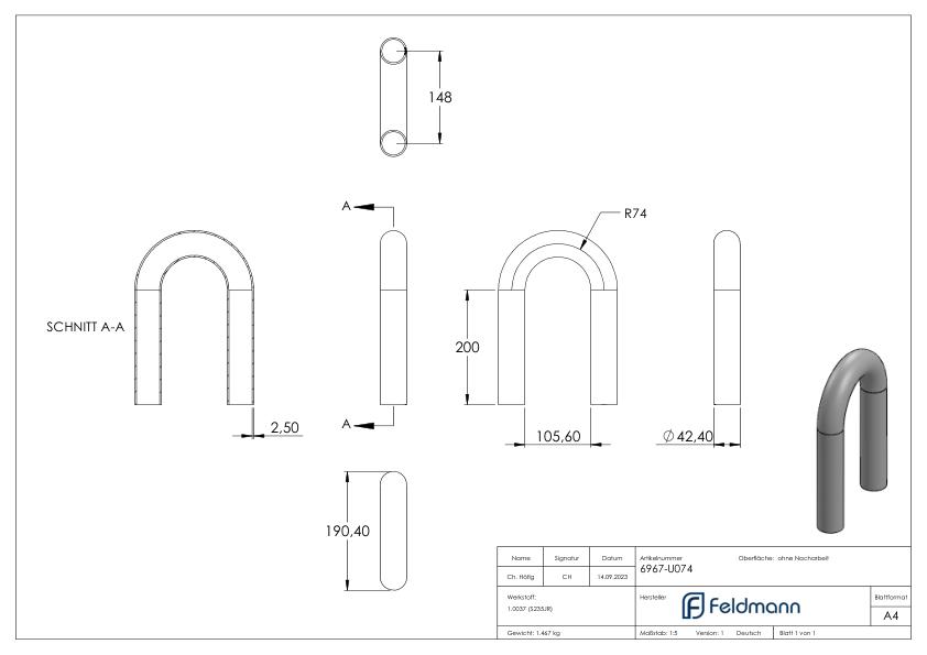 Stahl-Rohr-Bogen 180°, 42,4x2,5mm