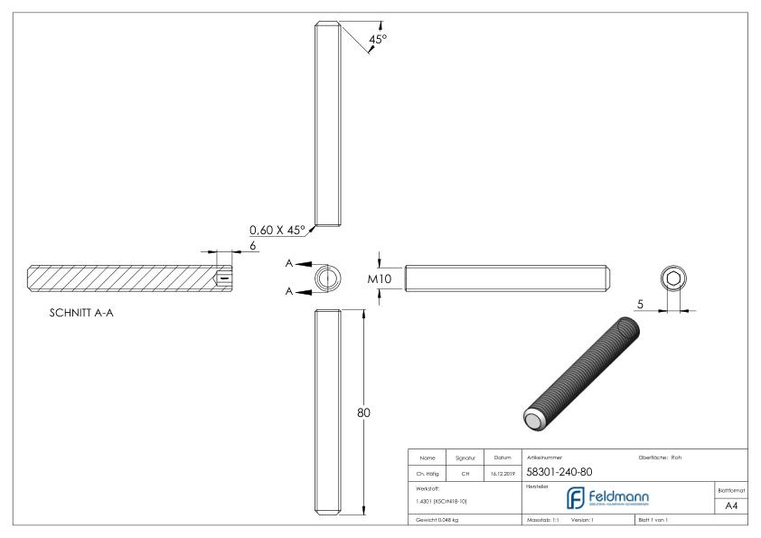 Gewindestift M10x80, V2A, DIN 913 / ISO 4026