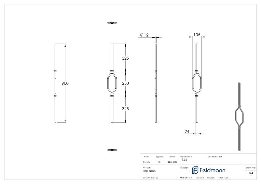 Designstab Ø 12mm, H: 900mm