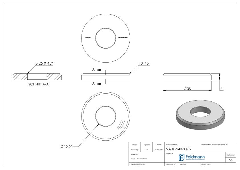 Ronde, Ø 30x4mm, mit Bohrung 12,2mm, V2A