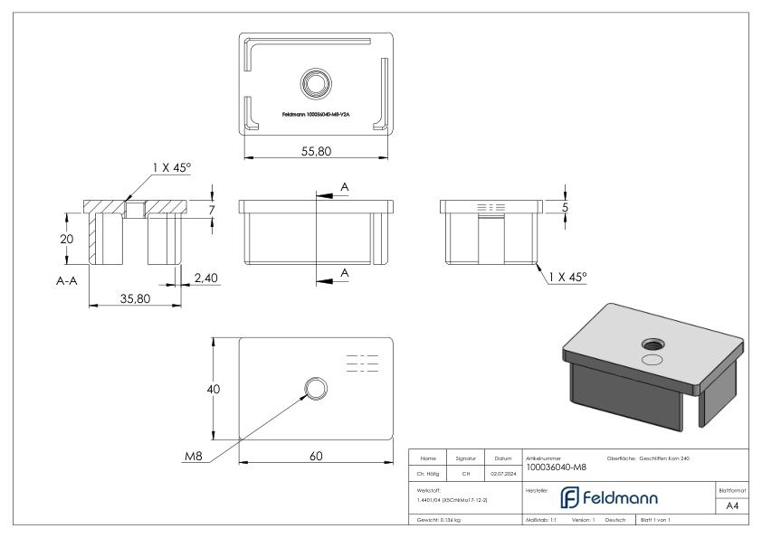 Einsteckkappe, für Rohr 60x40x2,0mm, V4A