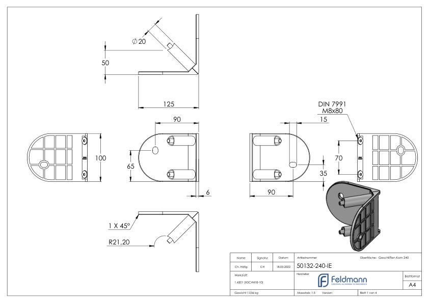 Wandbefestigung für Geländerpfosten 90° Innenecke, V2A