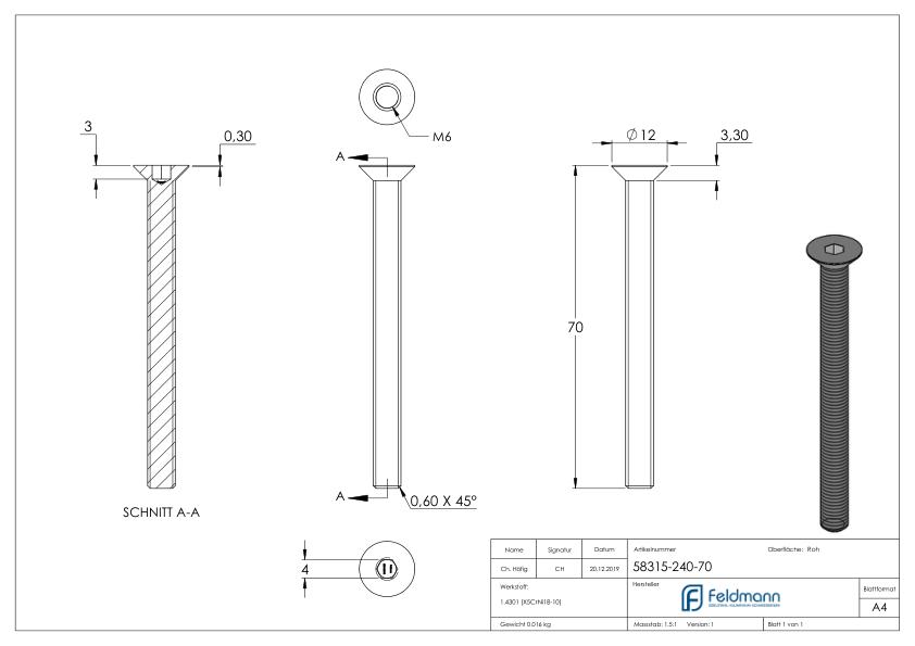 Senkkopfschraube M6x70, V2A, ISO 10642