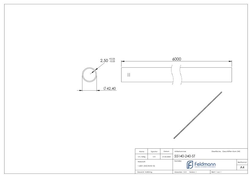 Edelstahlrohr, 42,4 x 2,5mm, L=6m, Korn 240 geschliffen, V2A