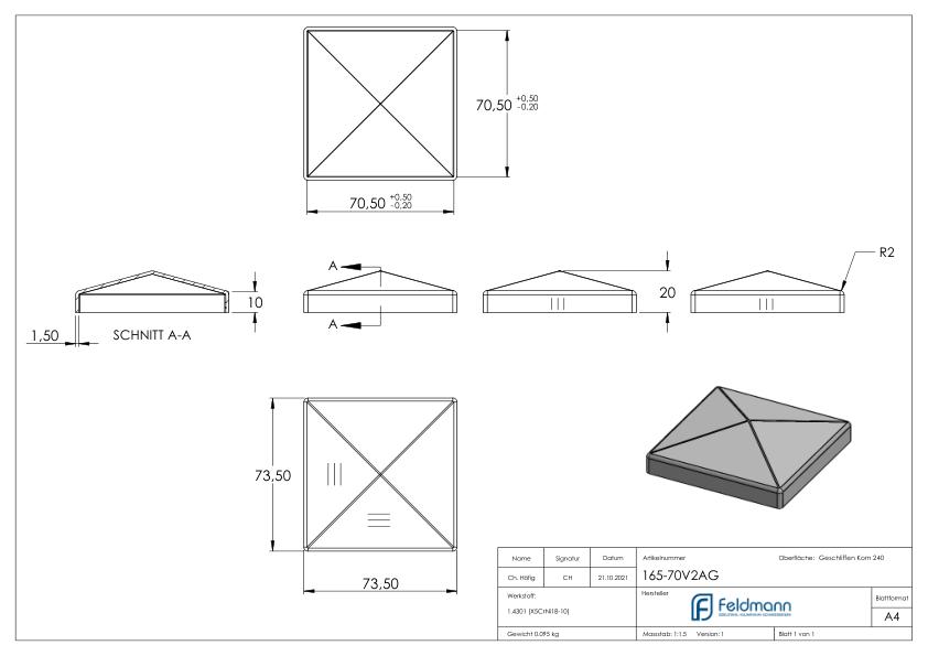 Pyramidenkappe, für Rohr 70x70mm, V2A
