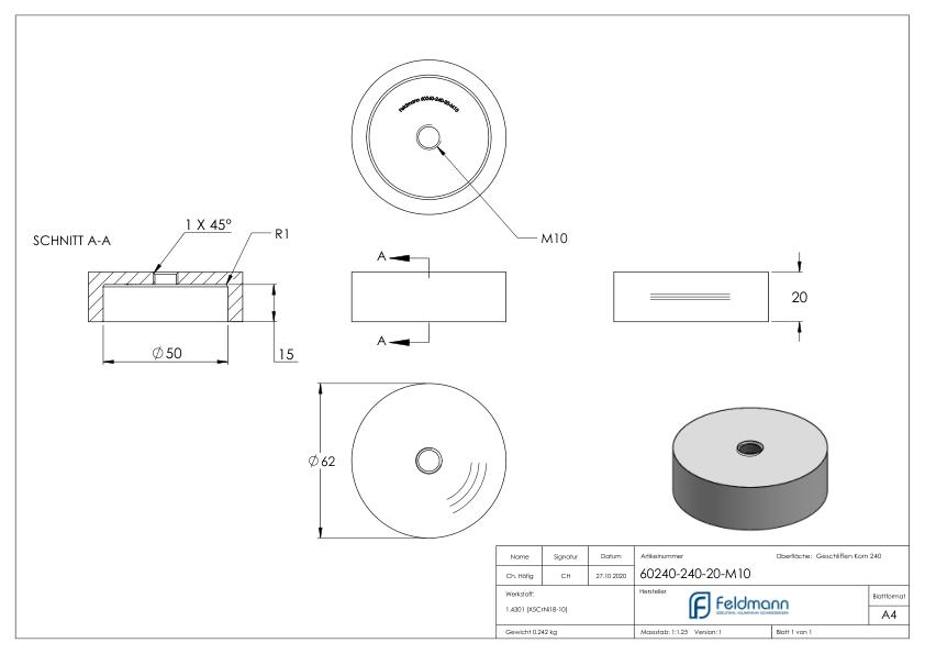 Unterteil für 62mm Glaspunkthalter, T: 20mm, mit M10, V2A