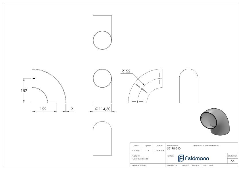 Schweißbogen 90°, 114,3x2,0mm, V2A
