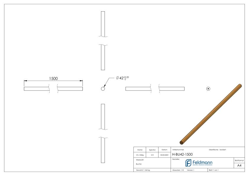 Holzhandlauf Buche, Ø42,4mm, L: 1500mm