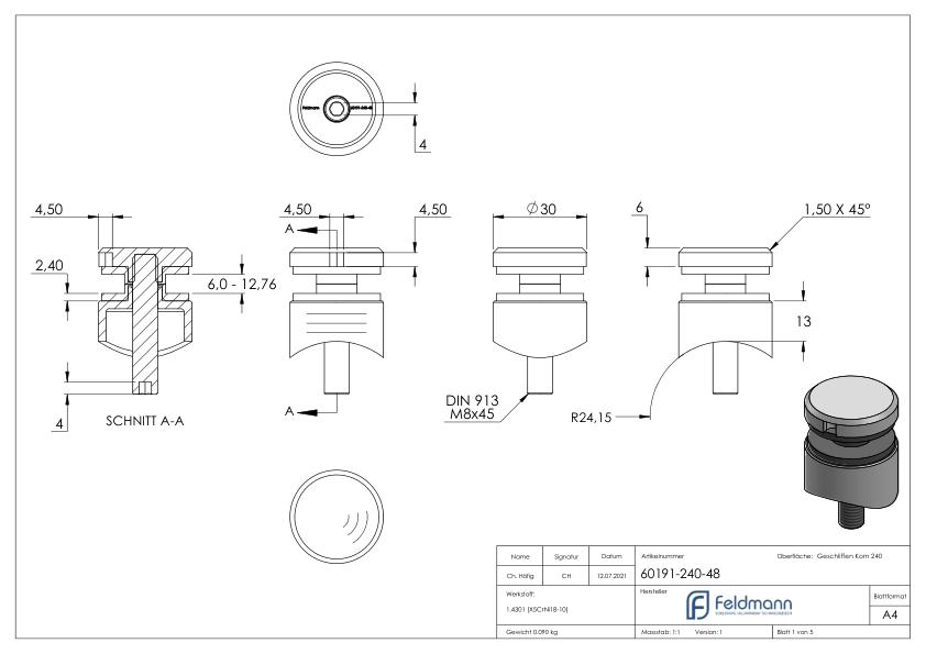 Glaspunkthalter 30mm, Anschluss: 48,3mm, V2A