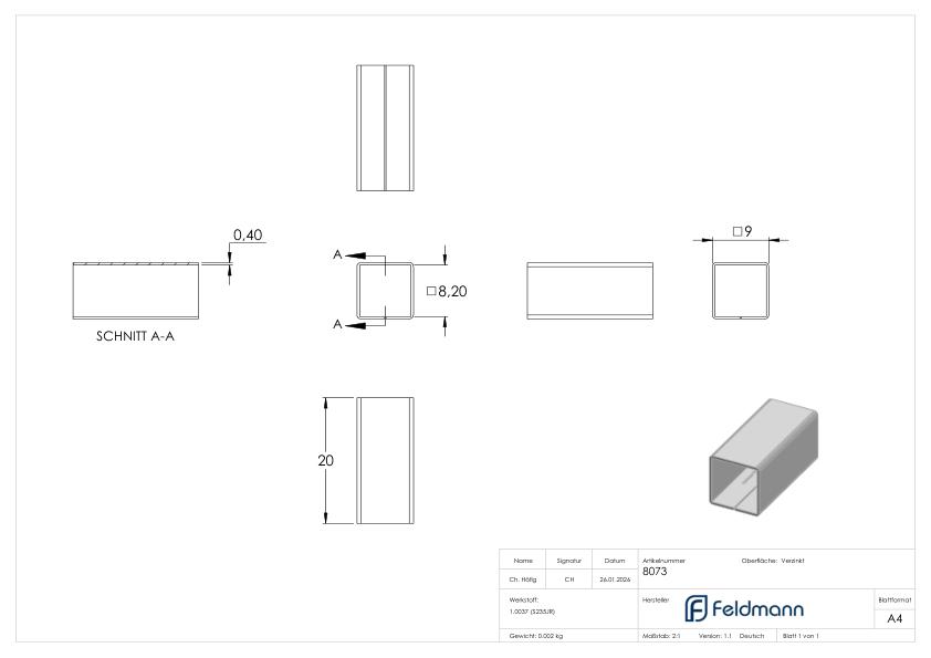 Ausgleichshülse von 8x8 auf 9x9mm, Länge 20mm, verzinkt