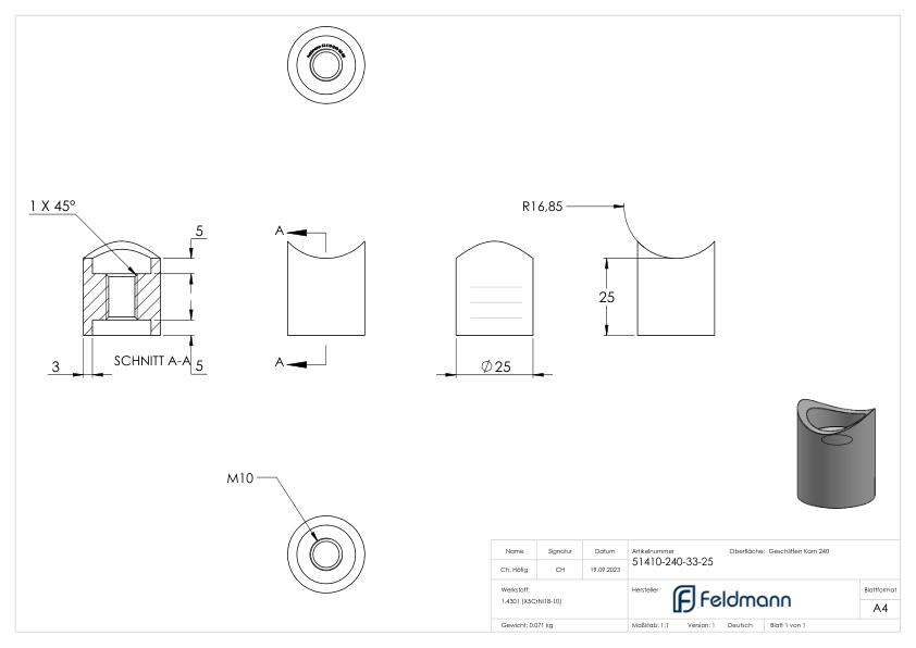 Wandhalter für Rohr 33,7mm, L: 25mm, V2A