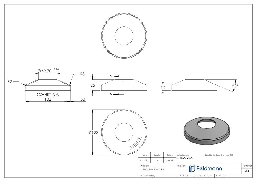 Abdeckrosette konisch, 105x25mm, mit Bohrung 43mm, V4A