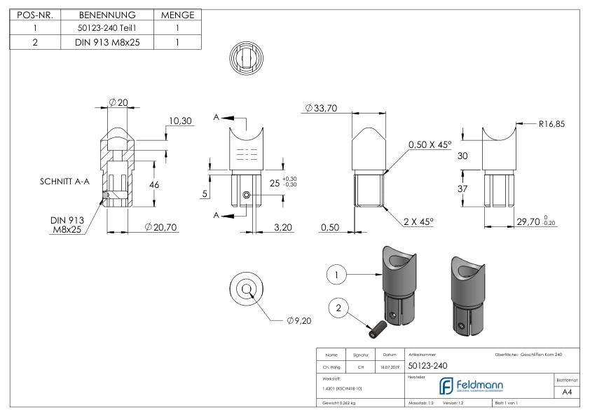 Anschlussstück 90°, Anschluss oben: 33,7mm, V2A