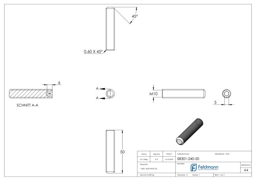 Gewindestift M10x50, V2A, DIN 913 / ISO 4026