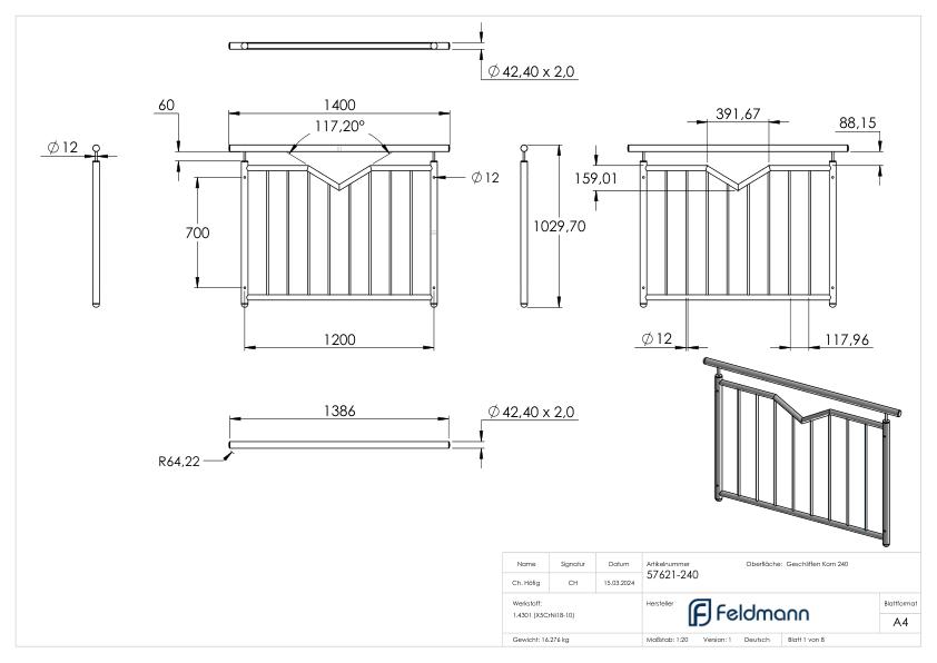 Französisches Balkongitter, mit V-Ausschnitt, B: 1,2m, V2A