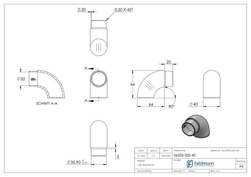Endbogen 90° flach, für Rohr 40,0x2,0mm, V2A