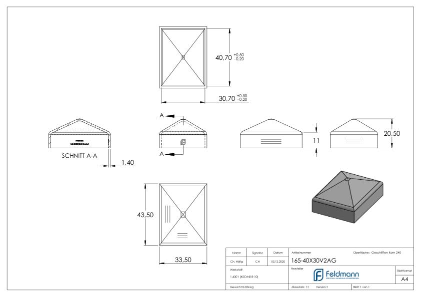 Pfeilerbedecker für 40x30mm, Oberfl. geschl., V2A
