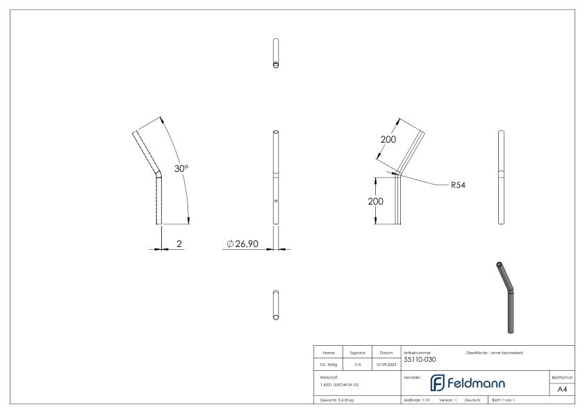 Rohrbogen 30°, aus Rohr 26,9x2,0mm, V2A