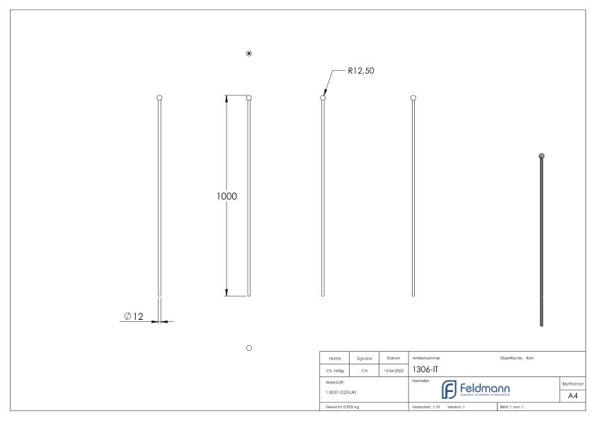 Zaunstab Ø 12mm, H: 1000mm, Kugel 25mm