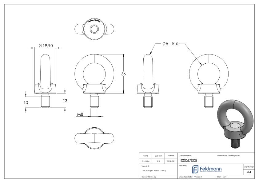 Ringschraube mit Außengewinde DIN 580, Rundeisen: 8mm, V4A