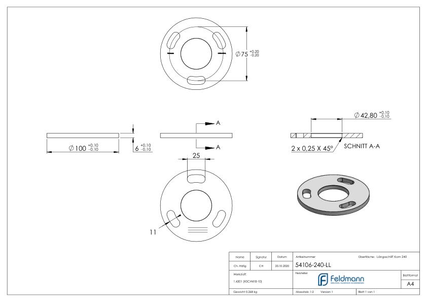 Ankerplatte Ø 100x6mm, mit Längsschliff, V2A