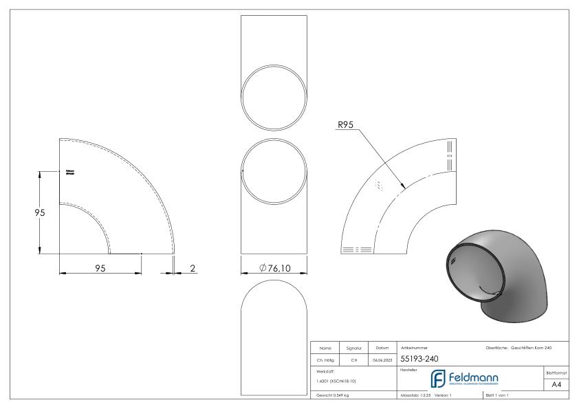 Schweißbogen 90°, 76,1 x 2,0mm, V2A