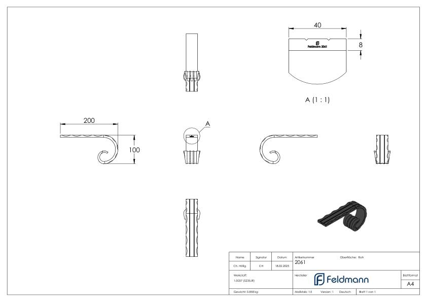 Handlaufanfänger, 40x8mm, gerollt