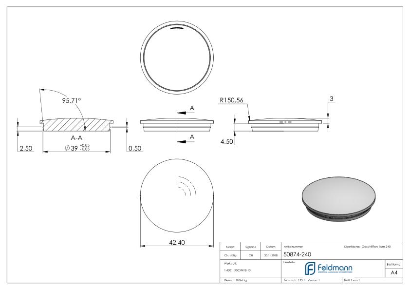 Rohrabschlussstopfen, für Rohr 42,4x2,0mm, V2A