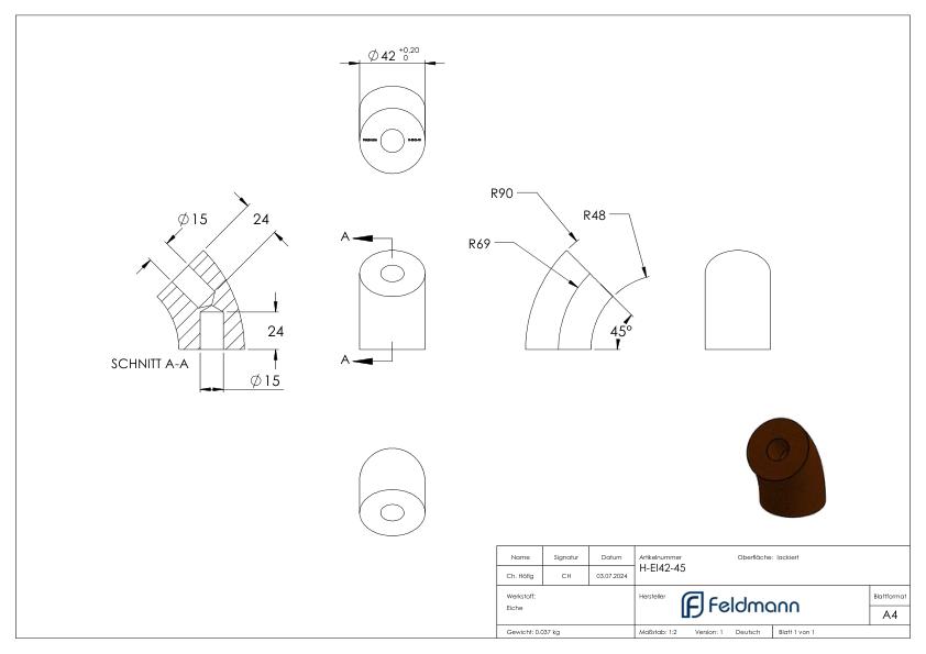 45° Bogen für Holzhandlauf Eiche, Ø 42,4mm