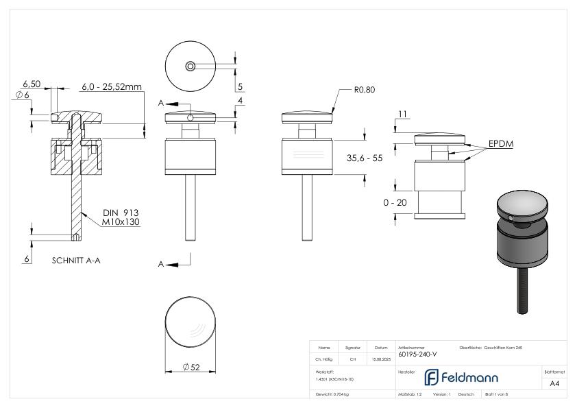 Glaspunkthalter 52mm, flach, verstellbar, V2A