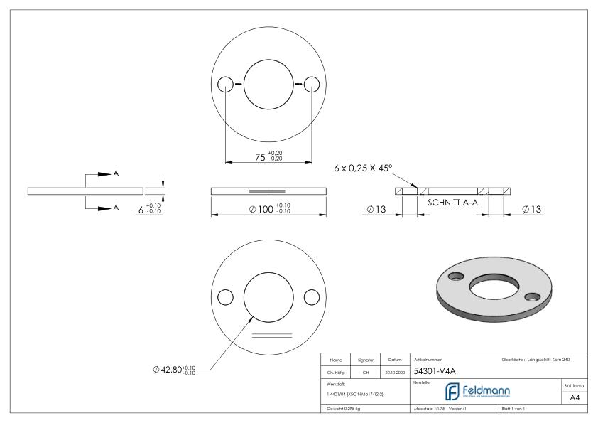 Ankerplatte Ø 100x6mm, mit Längsschliff, V4A