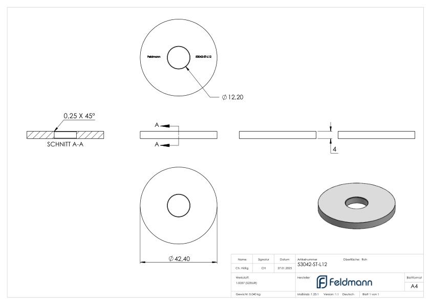 Ronde 42,4x4mm mit Ø 12,2mm Bohrung
