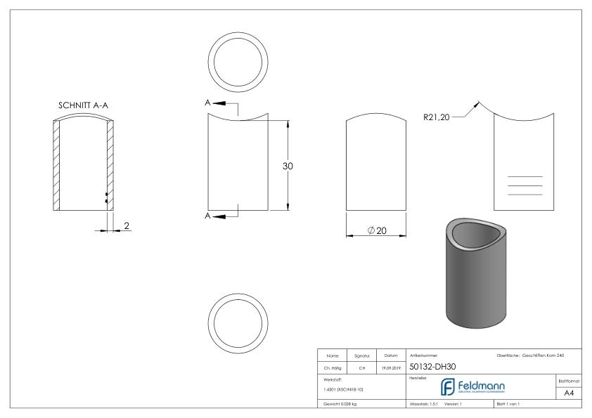 Distanzhülse, L: 30mm, für 42,4mm, V2A