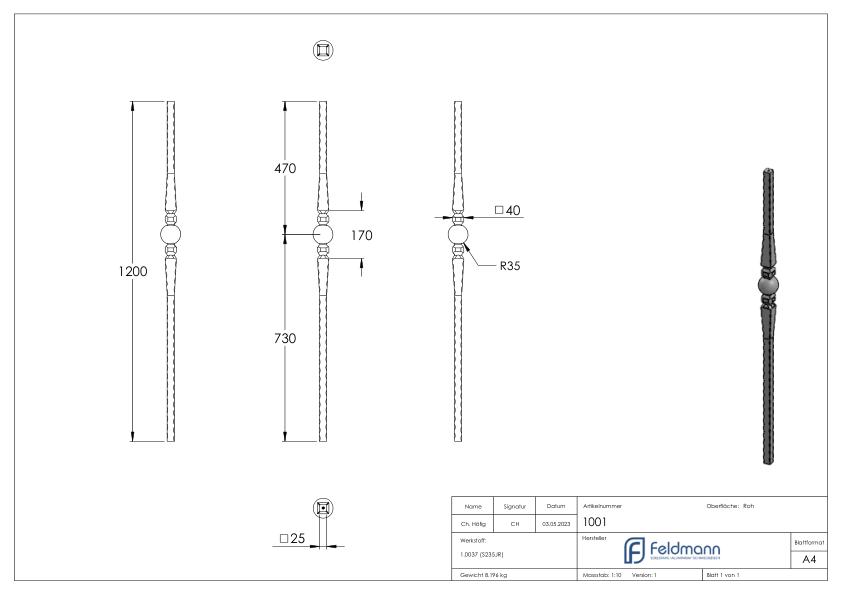 Anfangsstab 25x25mm, H: 1200mm