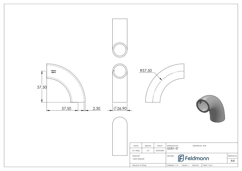 Schweißbogen 90°, 26,9 x 2,3mm, Bauart 5
