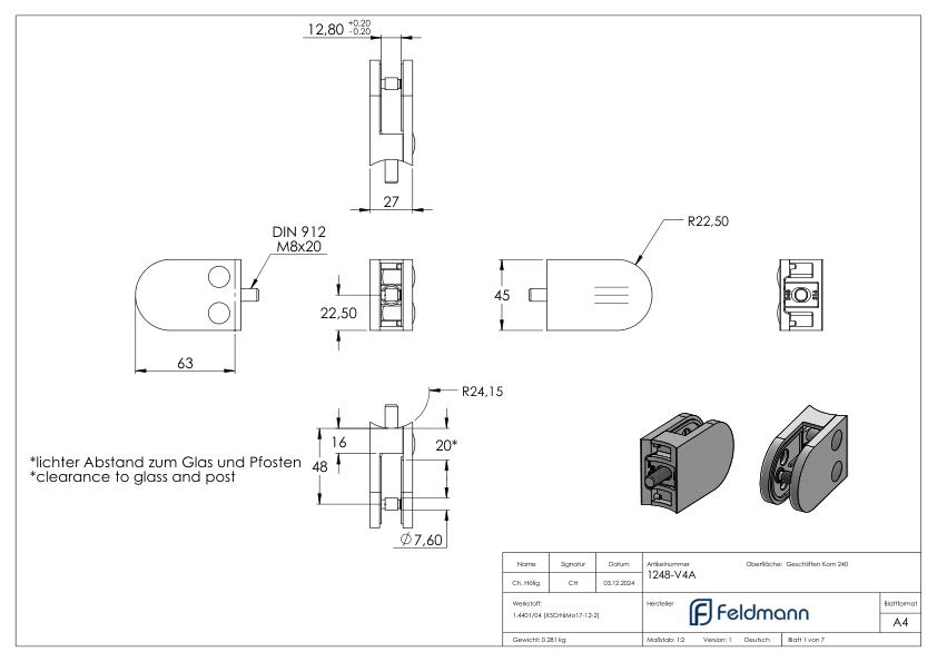 Glasklemme Mod. 12, Anschluss: 48,3mm, V4A Glasklemme Mod. 12, Anschluss: 48,3mm, V4A