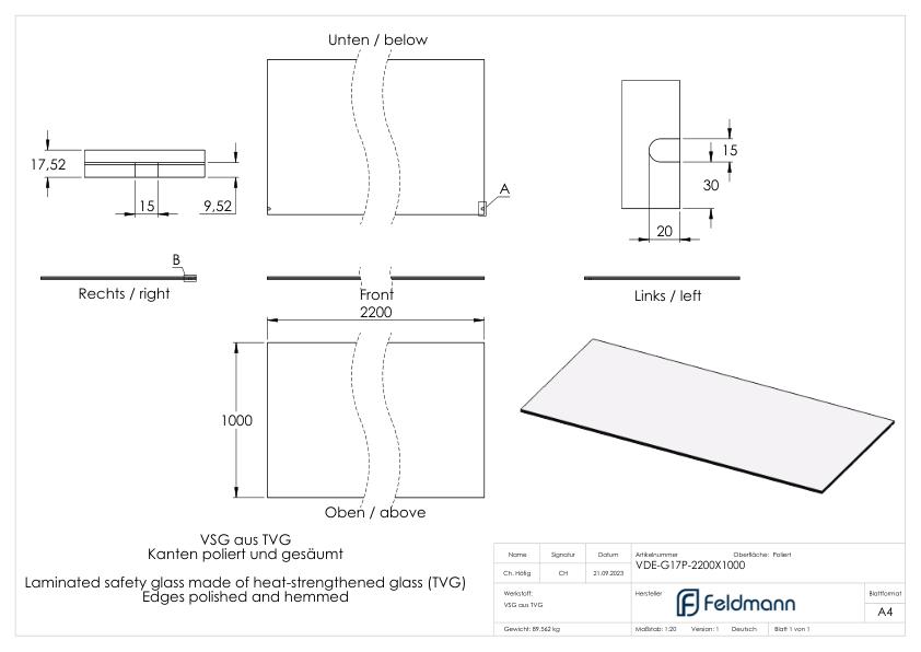 Eleganza canopy Glas: 2200x1000mm VSG aus 2x8mm TVG mit 1,52mm PVB