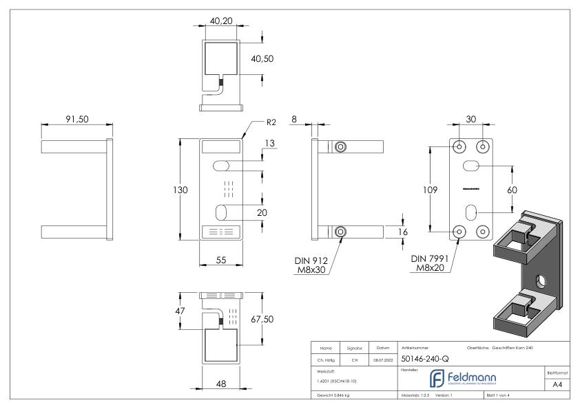 Wandbefestigung für Pfosten 40x40mm, V2A