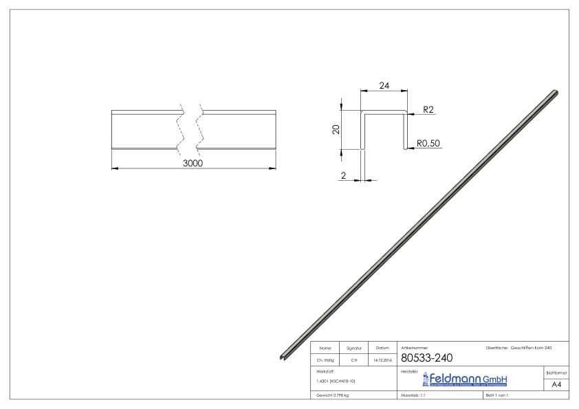 Edelstahl-U-Profil, 24x20x2mm, L: 3000mm, V2A