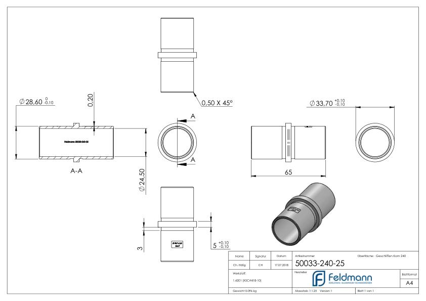 Verbindungsstück für Rohr 33,7x2,5mm, V2A Verbindungsstück für Rohr 33,7x2,5mm, V2A