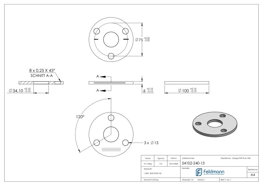 Ankerplatte Ø 100x6mm, mit Längsschliff, V2A