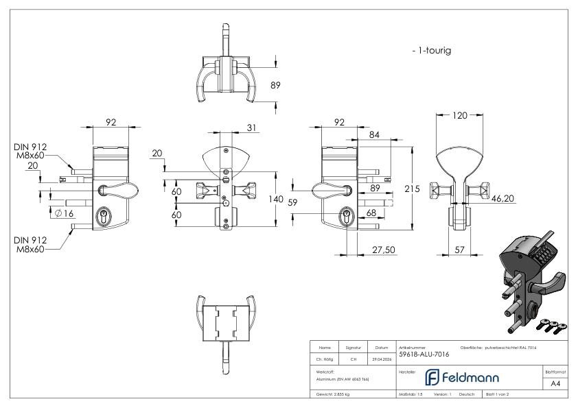 VINCI - Mechanisches Codeschloss LMKQV2, für Profilrohr 60 - 80mm, Farbe RAL 7016