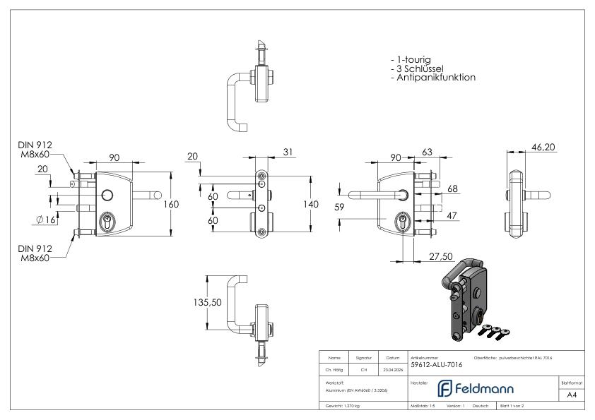 Industrielles Panikschloss LPKQU2 für Profilrohr 40 - 60mm, Farbe RAL 7016