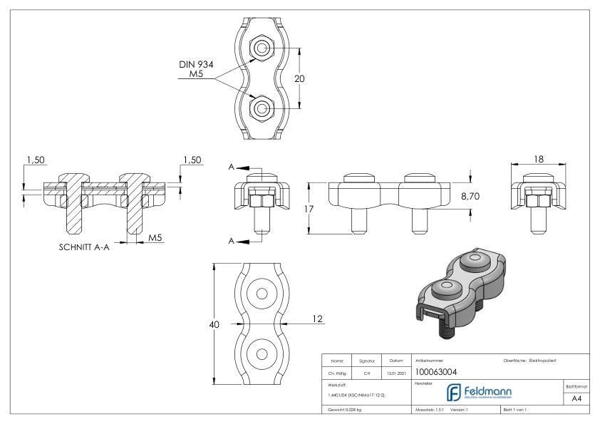 Duplexklemmen für Seil 4mm, V4A