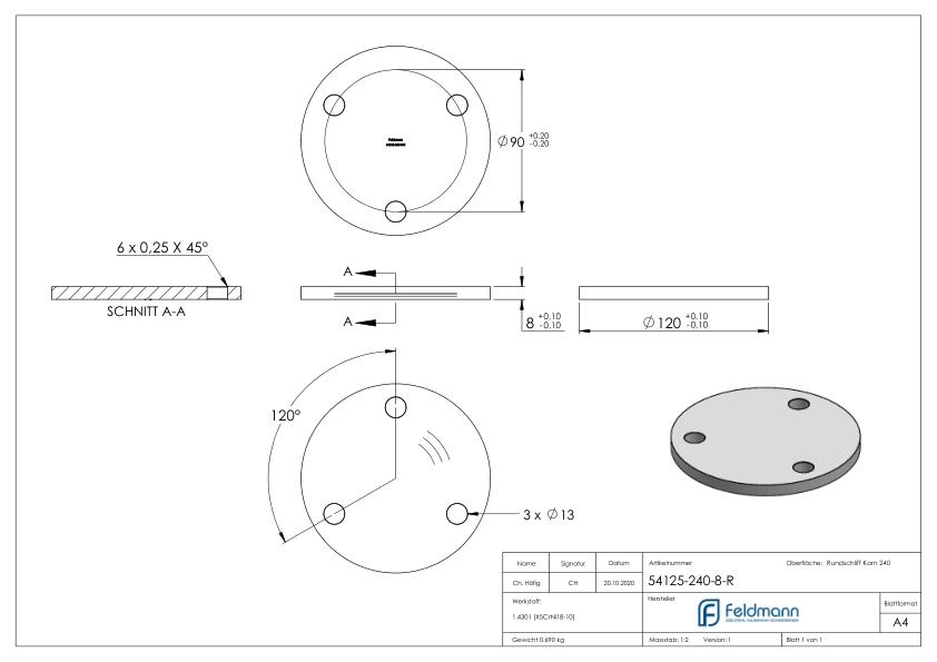 Ankerplatte Ø 120x8mm, mit Rundschliff, V2A