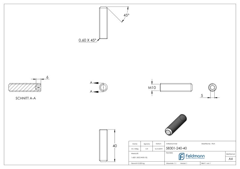 Gewindestift M10x40, V2A, DIN 913 / ISO 4026 Gewindestift M10x40, V2A, DIN 913 / ISO 4026