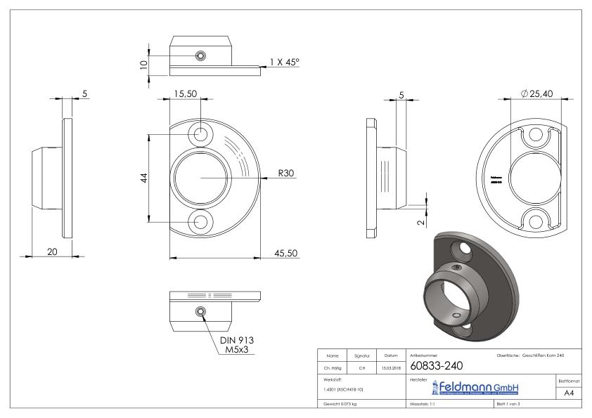 Wandanker, für Rohr 25,0mm, V2A